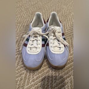 adidas Periwinkle Suede Sneakers with Cream Laces and Burgundy/Green Stripes